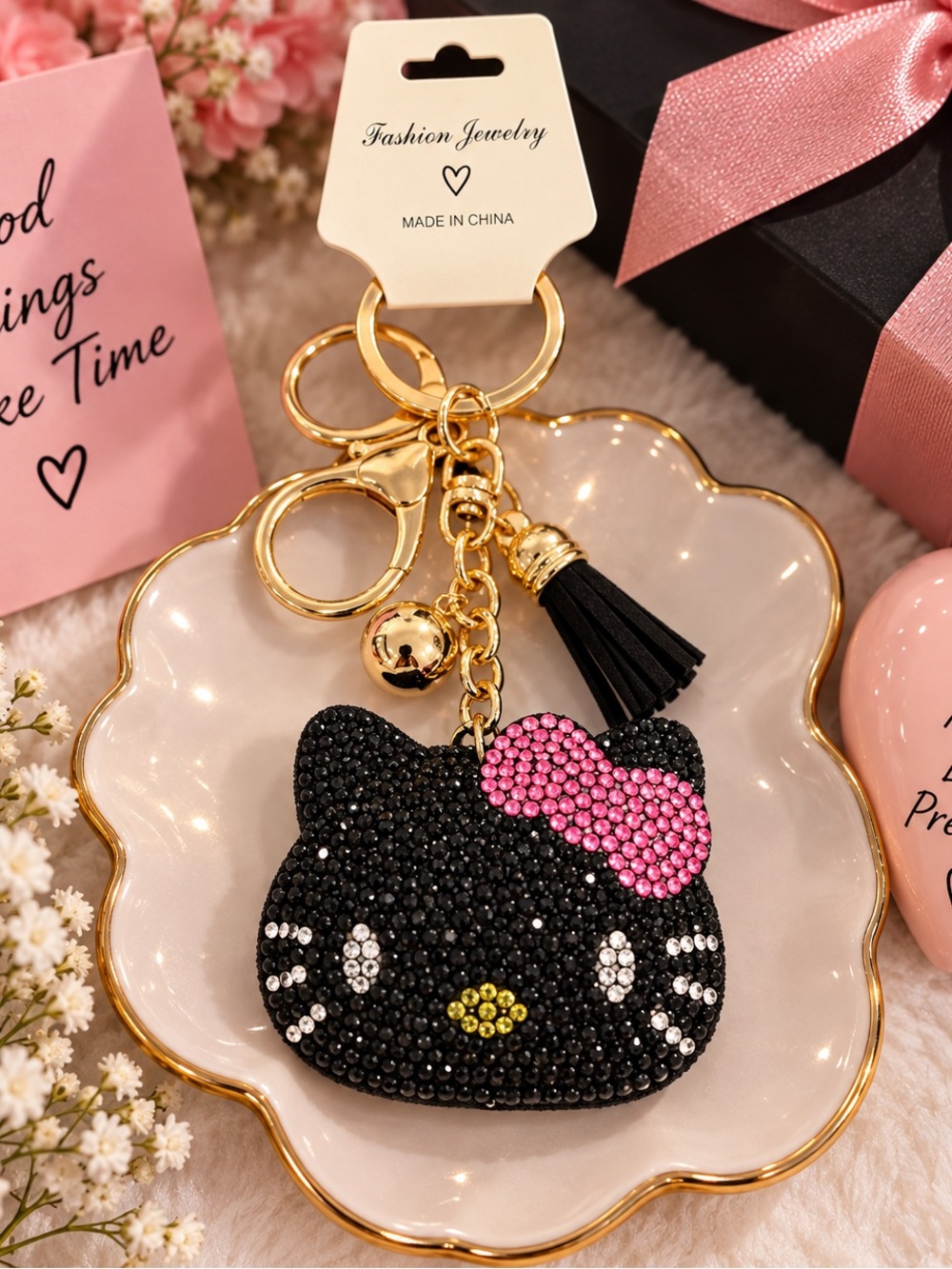 Crystal Hello Kitty Keychain Charm with Pink Bow